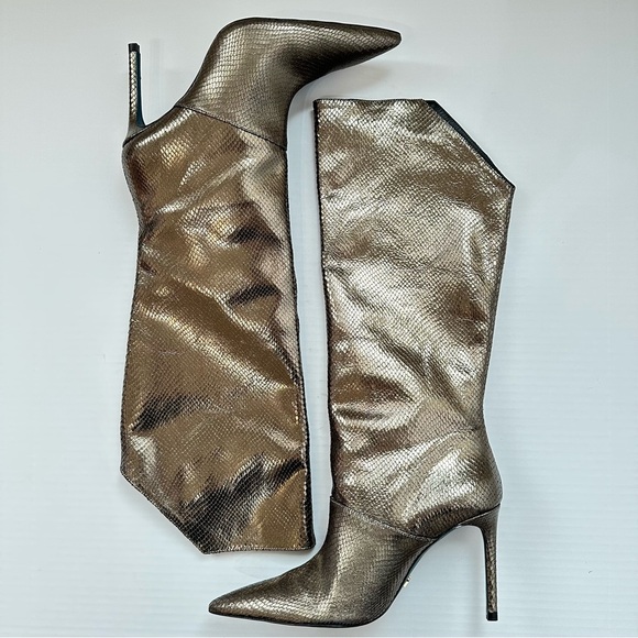 New Zara $249 Leather Knee High Animal Print Metallic Boots Size 10 5036/001 - Picture 3 of 13